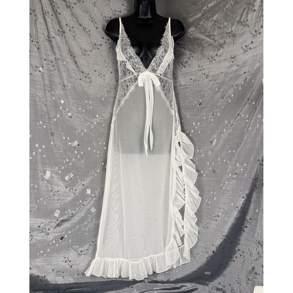 Sheer White Lace Maxi Slip Dress Ruffle Thigh Slit Backless Ethereal Boho Cover